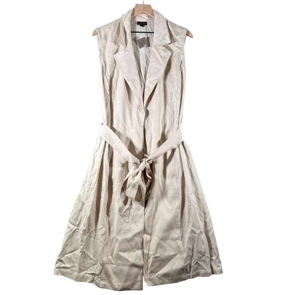 J Jill Wearever Trench Vest XL Oatmeal Longline Open Sleeveless Tie Waist Pocket - Picture 2 of 11